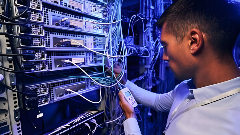 A IT technician sorting out half or full duplex wiring 