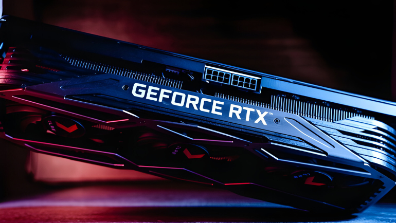 Gefore RTX graphics cards on a colourful bg